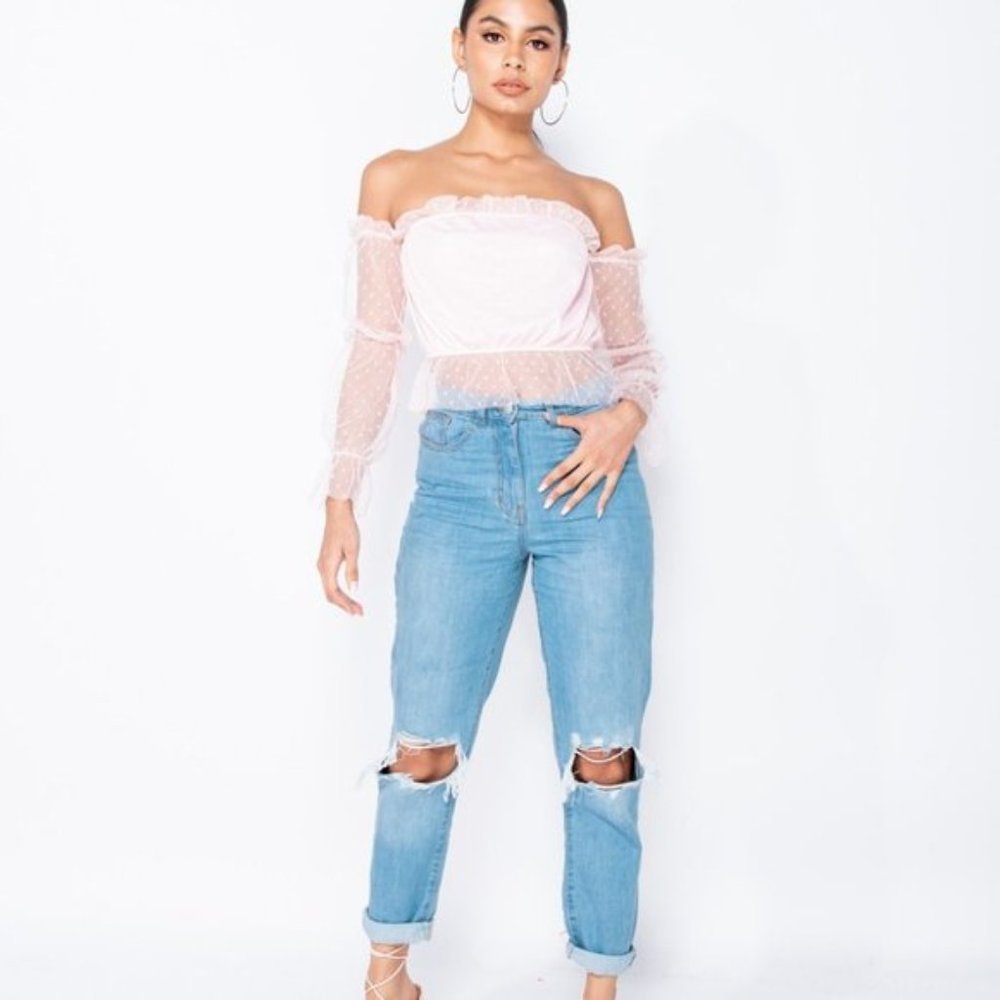 Blue High Waist Distressed Ripped Cuffed Boyfriend Jeans Denim Pants - Picture 4 of 16